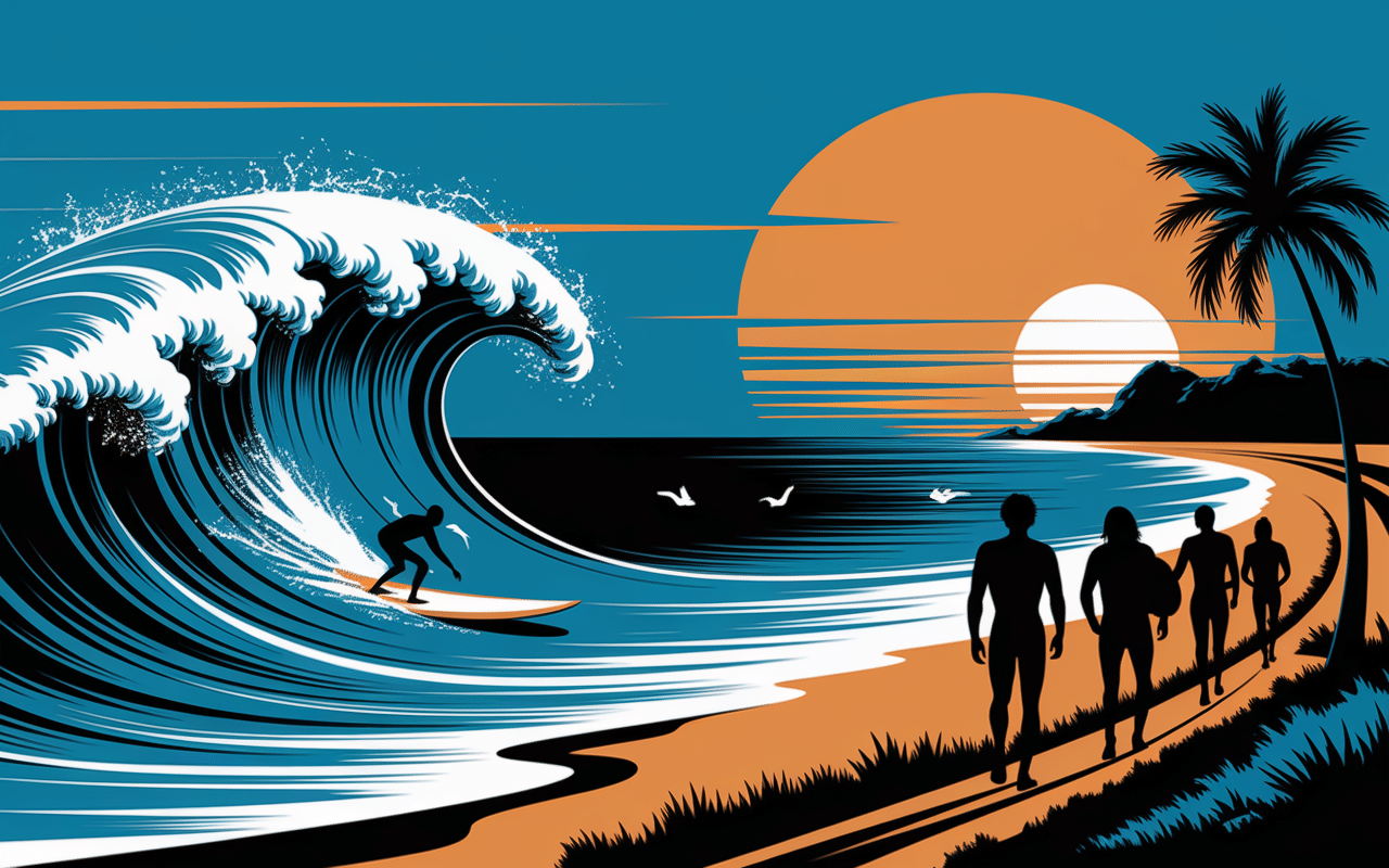 Surfeur et randonneurs à la plage de Pen Hat