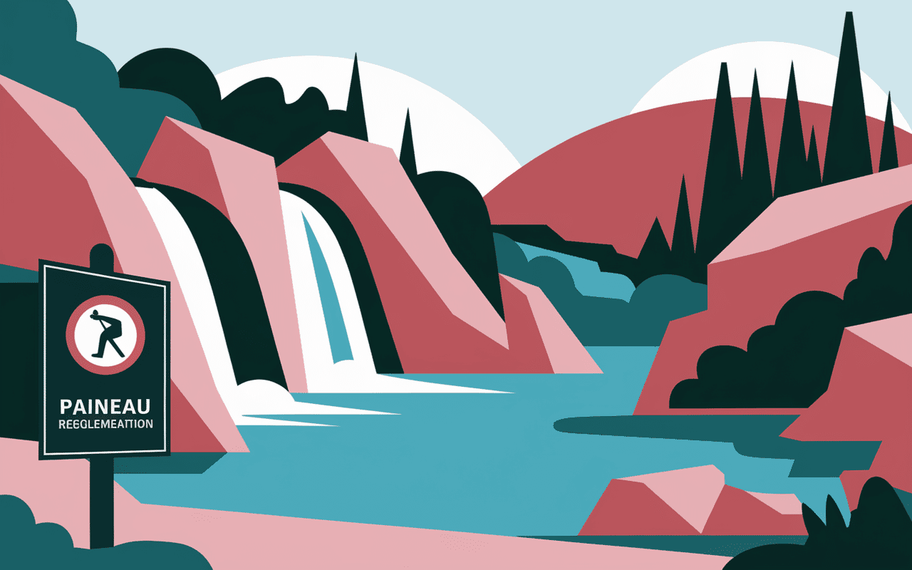 Panneau de réglementation devant cascades de Purcaraccia avec guide obligatoire.