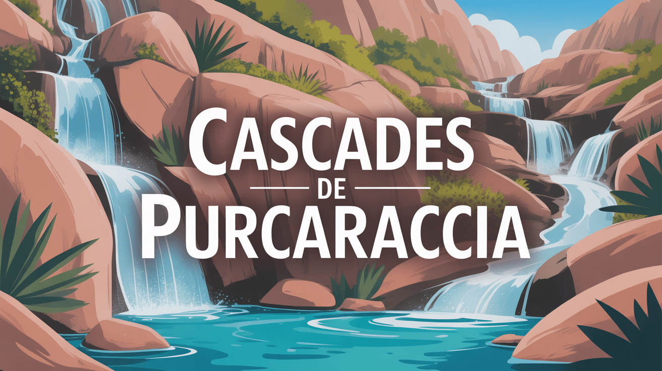 Illustration des cascades de Purcaraccia avec bassins turquoise et végétation méditerranéenne.