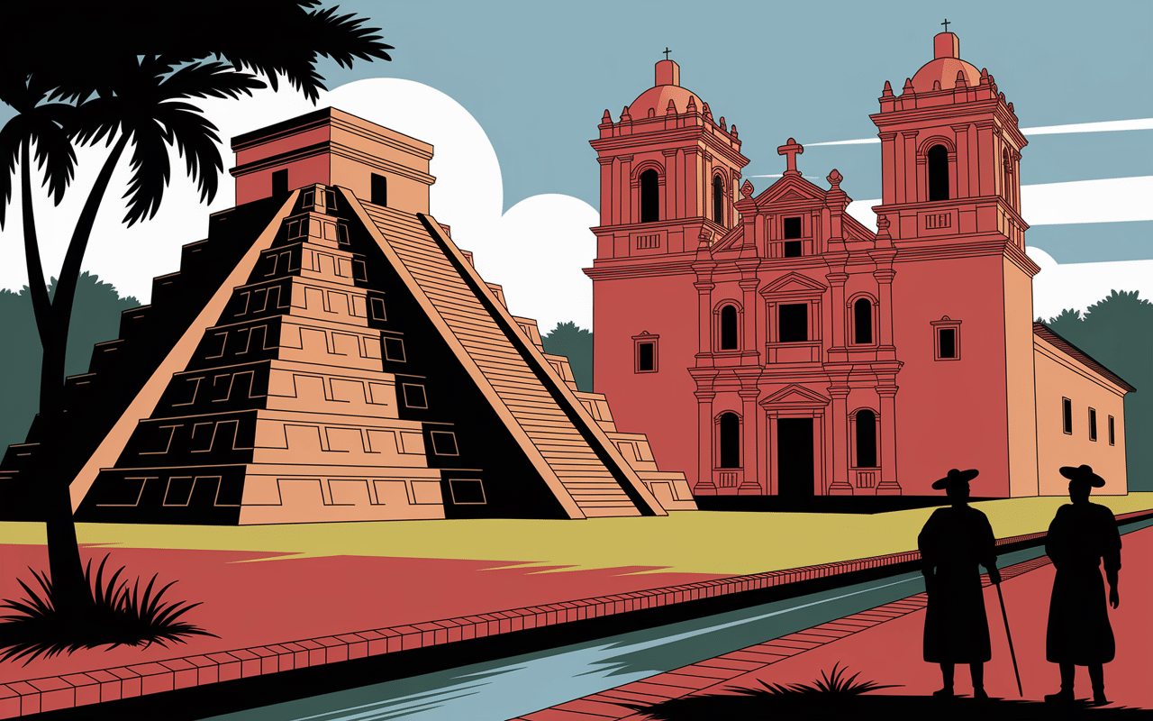 Pyramide aztèque et cathédrale de Meksiko City