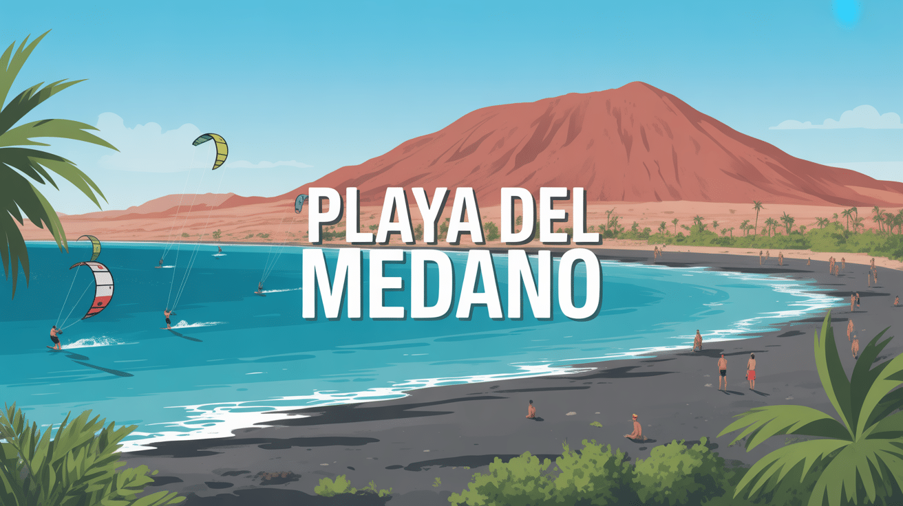 Vue panoramique de Playa del Médano avec kitesurfeurs