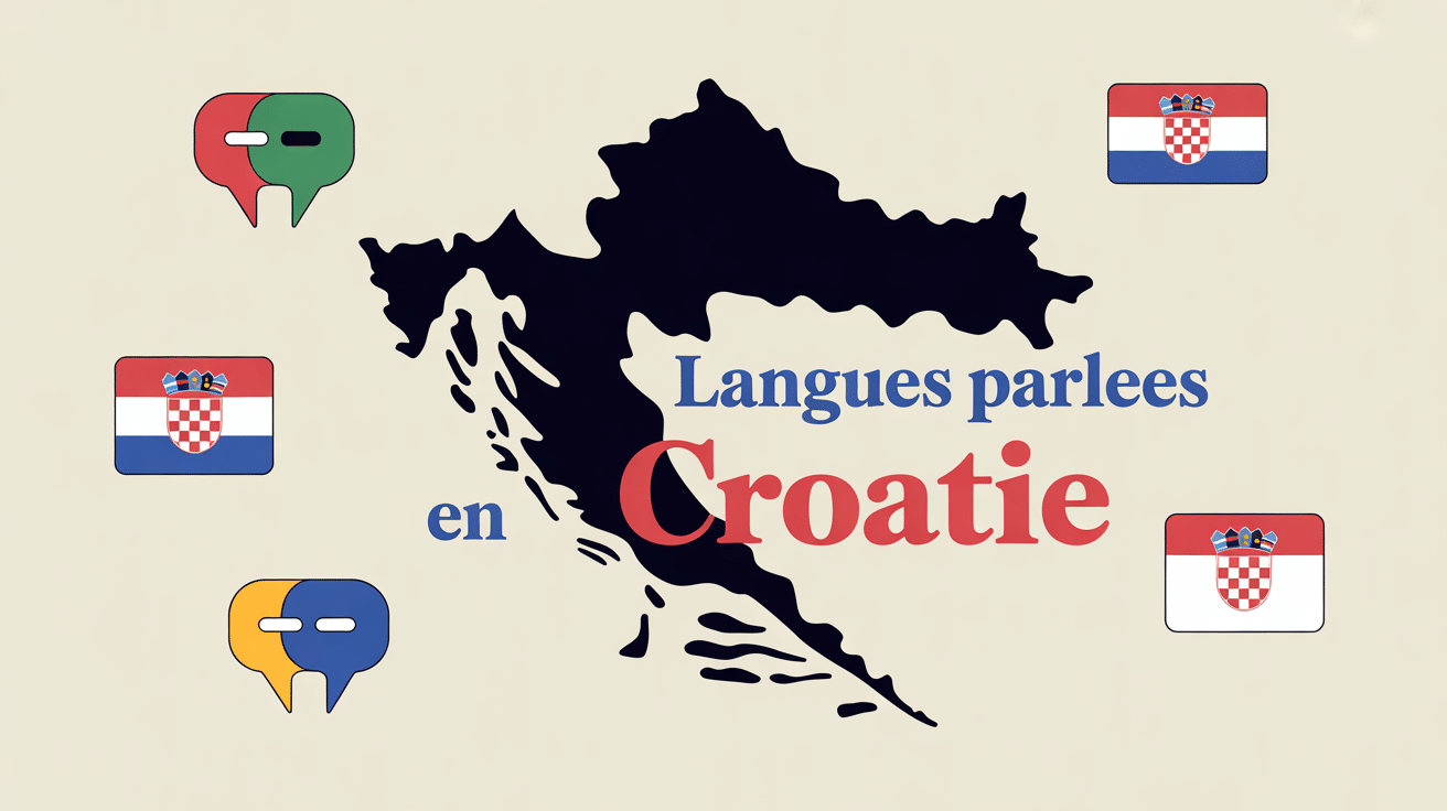 Quel langue parle les Croates carte stylisée avec symboles linguistiques