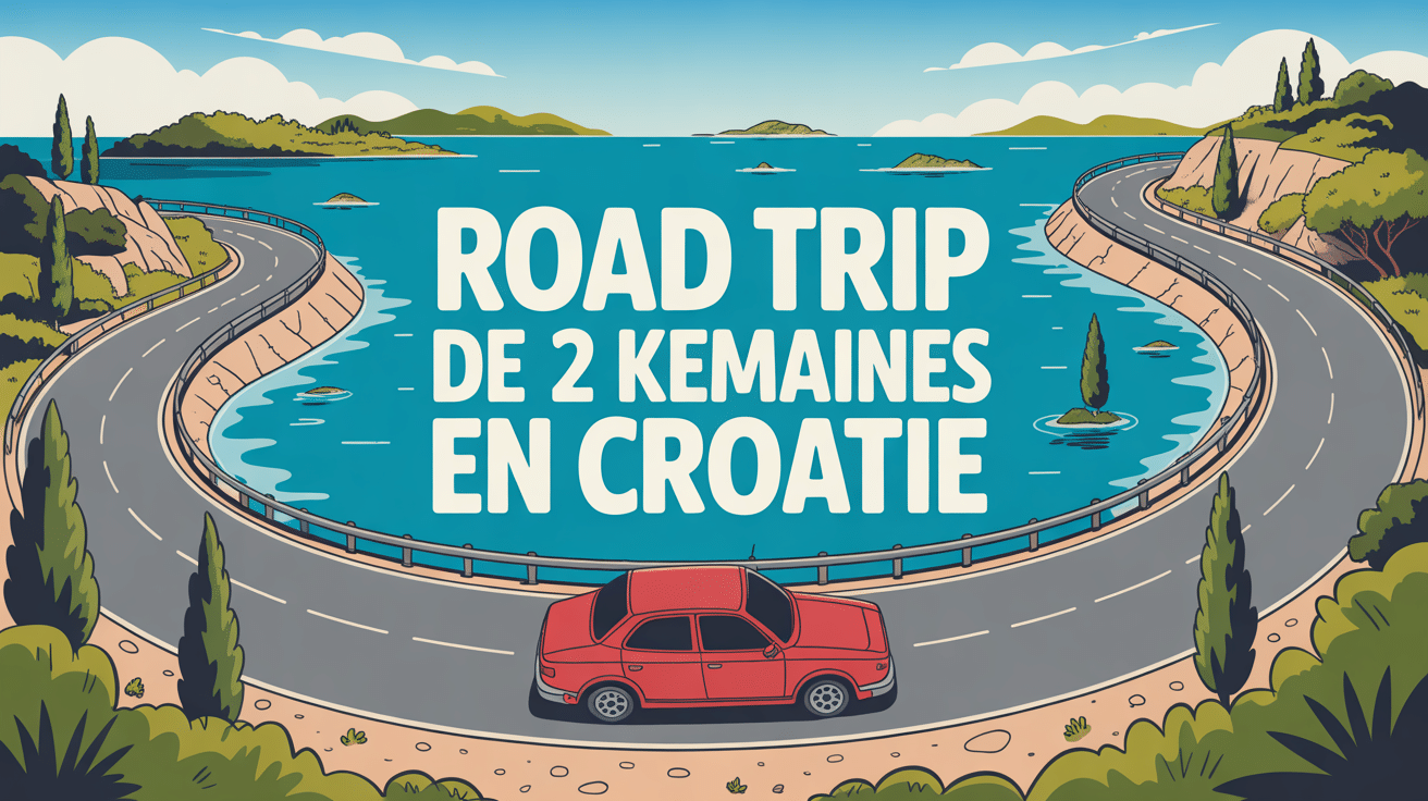 Route côtière Croatie, îles et voiture rouge pour road trip croatie 2 semaines