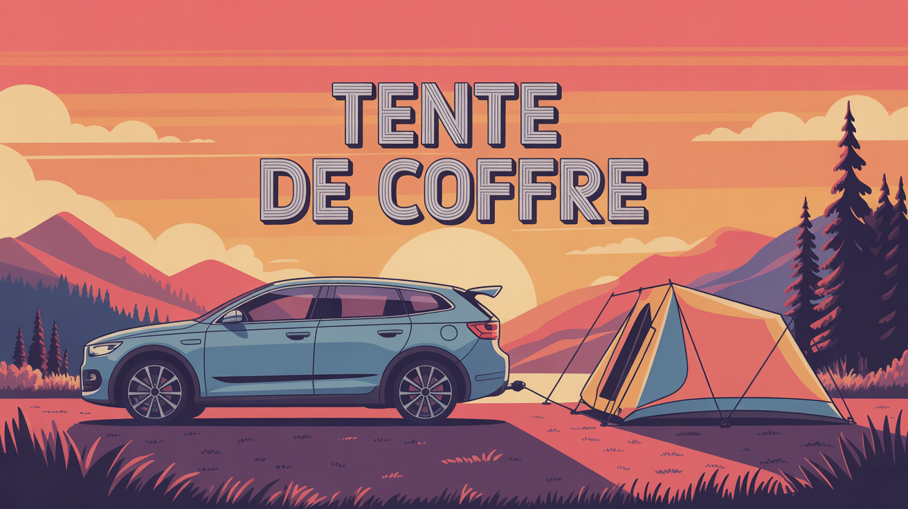 Tente de coffre déployée à l'arrière d'une voiture break, coucher de soleil en montagne