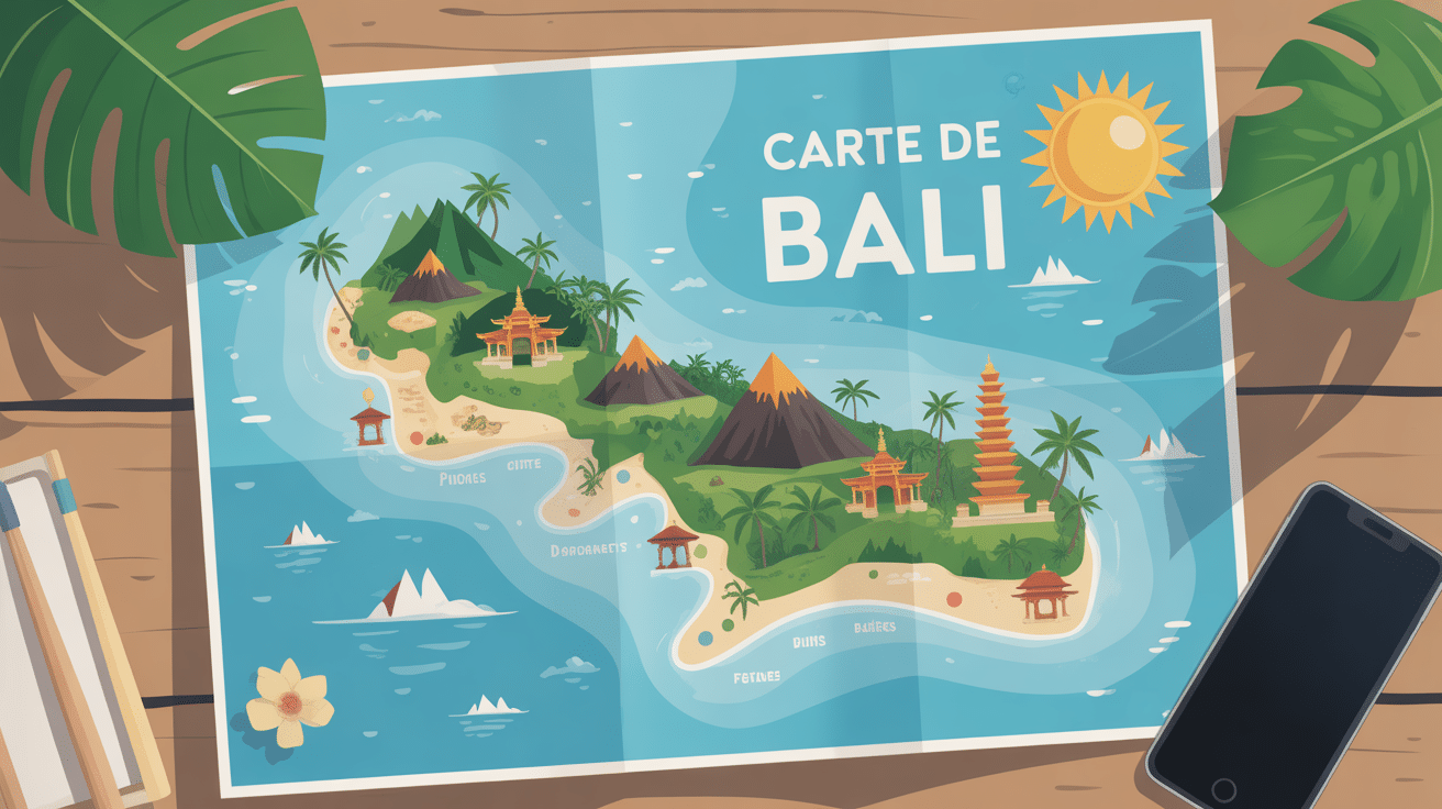 bali carte stylisée avec volcans plages temples