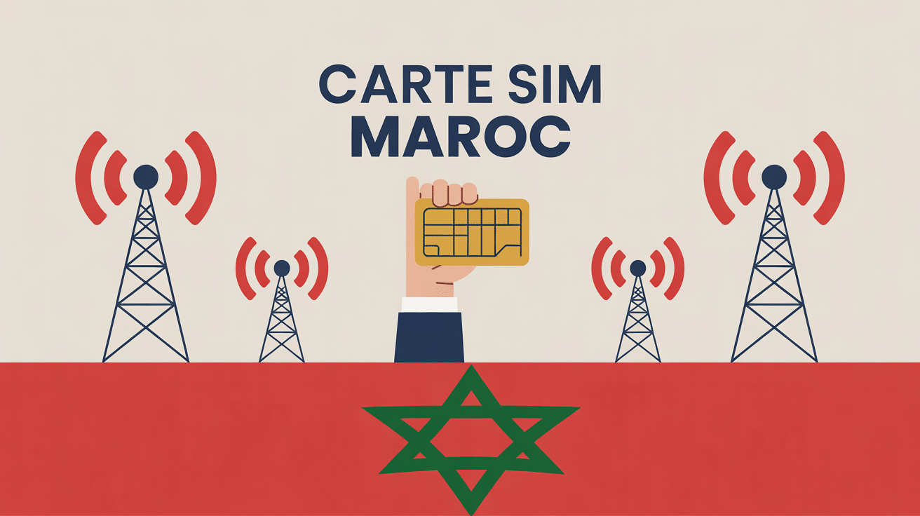 Carte SIM Maroc stylisée devant tours télécommunication