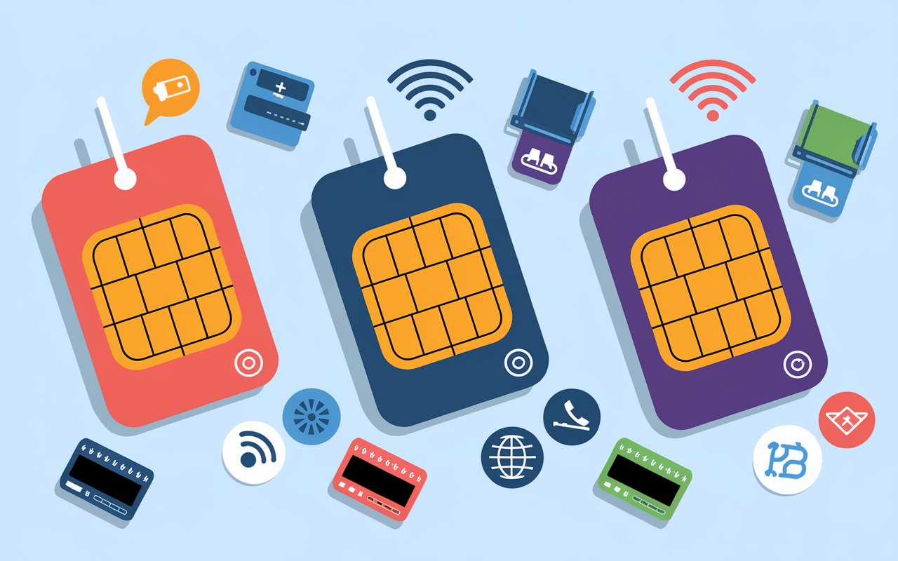Différentes cartes SIM Maroc et icônes connectivité