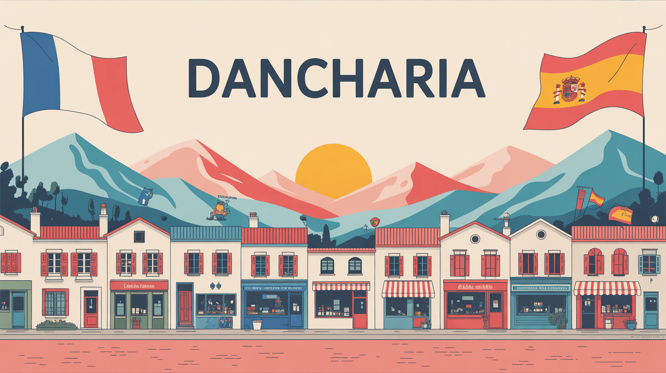 Vue stylisée de Dancharia avec maisons et commerces