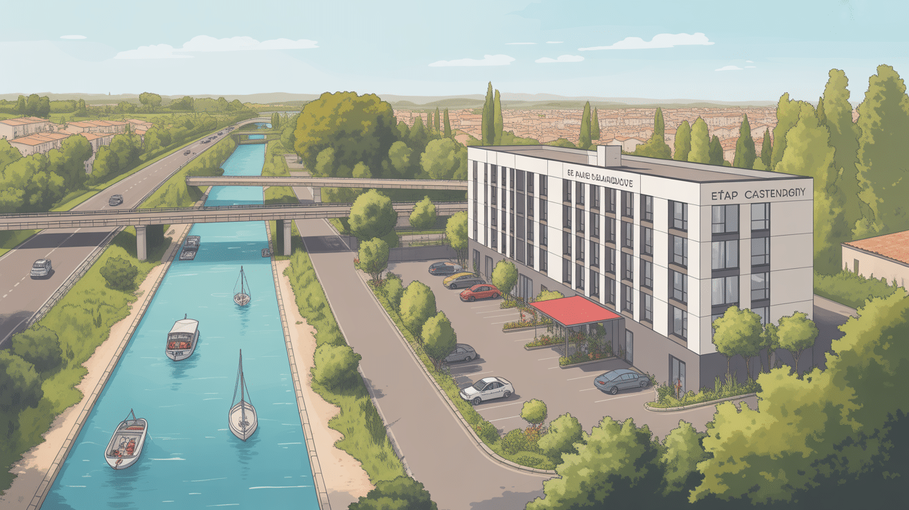 vue aerienne de l'etap hotel castelnaudary avec parking et canal
