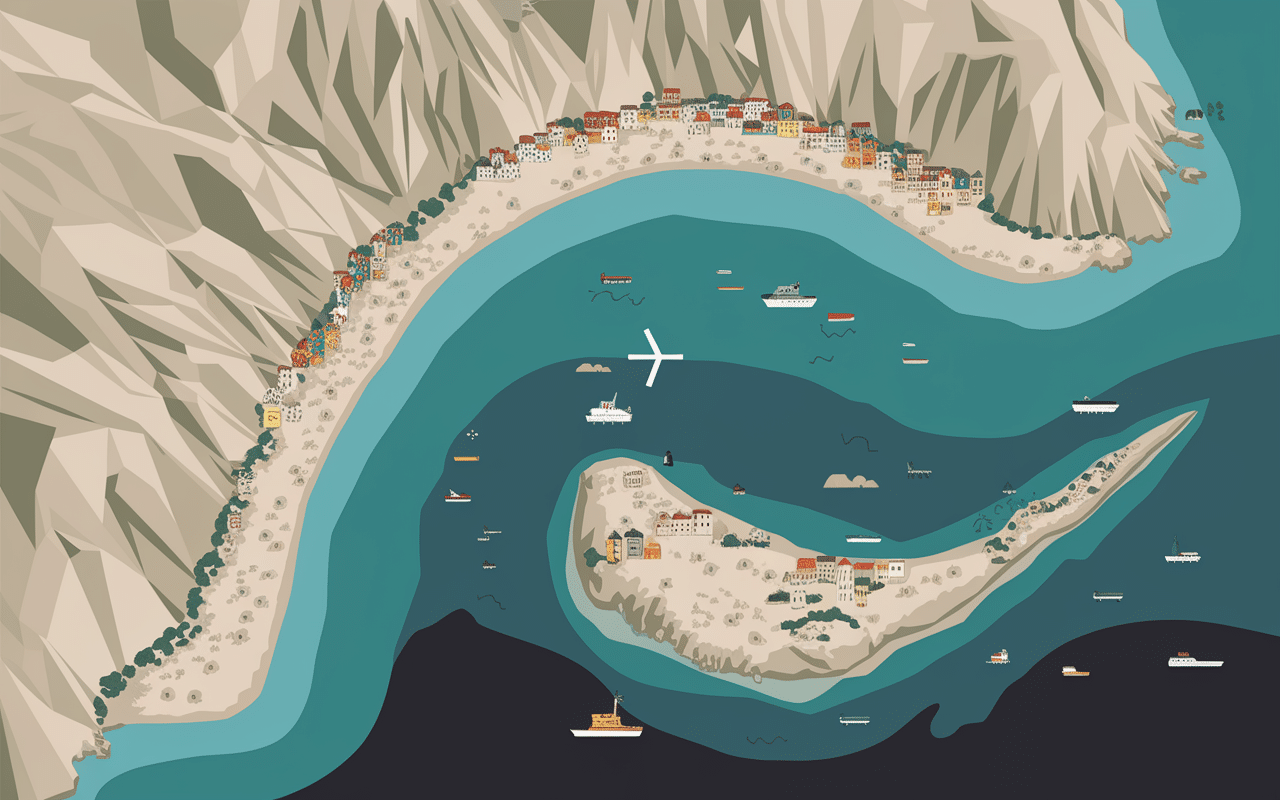 Carte stylisée golf du Lion avec plages et villes côtières