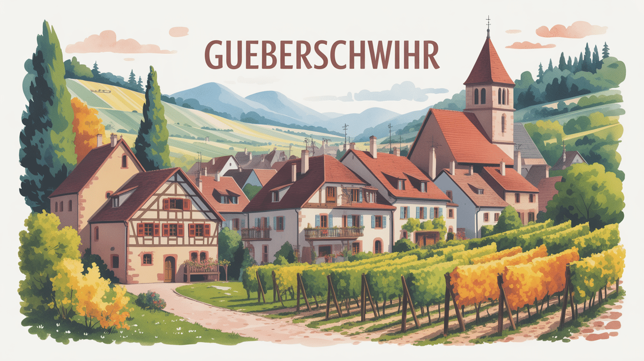 vue panoramique de gueberschwihr avec maisons à colombages, église romane et vignobles