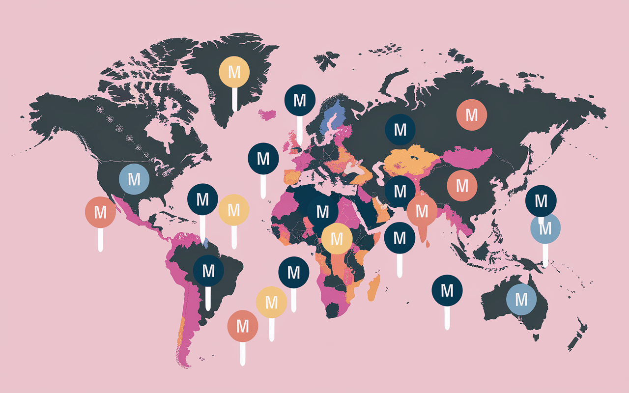 Mappemonde avec épingles pays par M