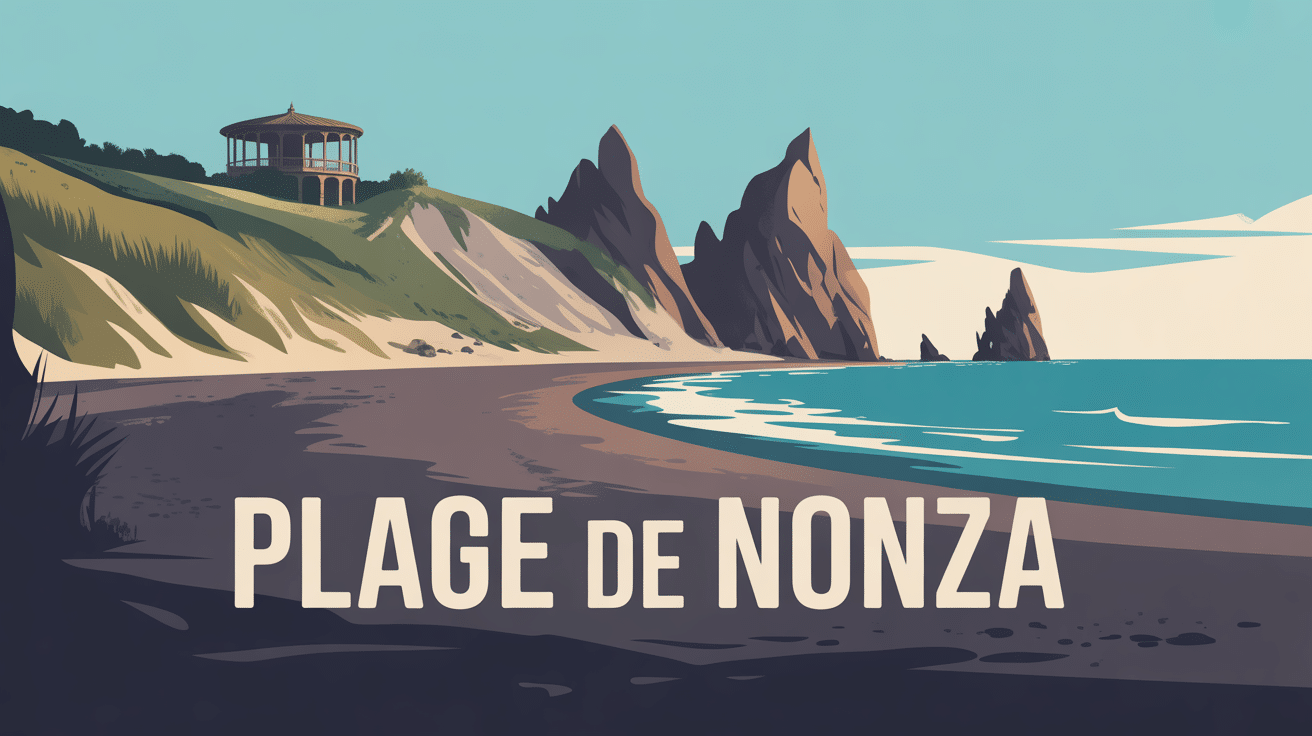 Vue stylisée plage de Nonza Corse sable noir falaises mer