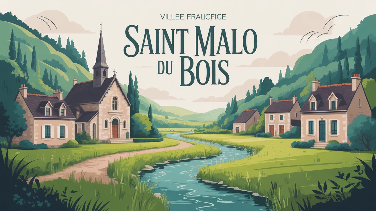 vue centrale du village saint malo du bois avec église et rivière