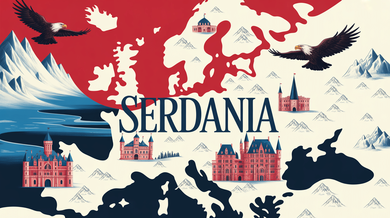 Carte européenne fantastique Serdania avec châteaux et aigles