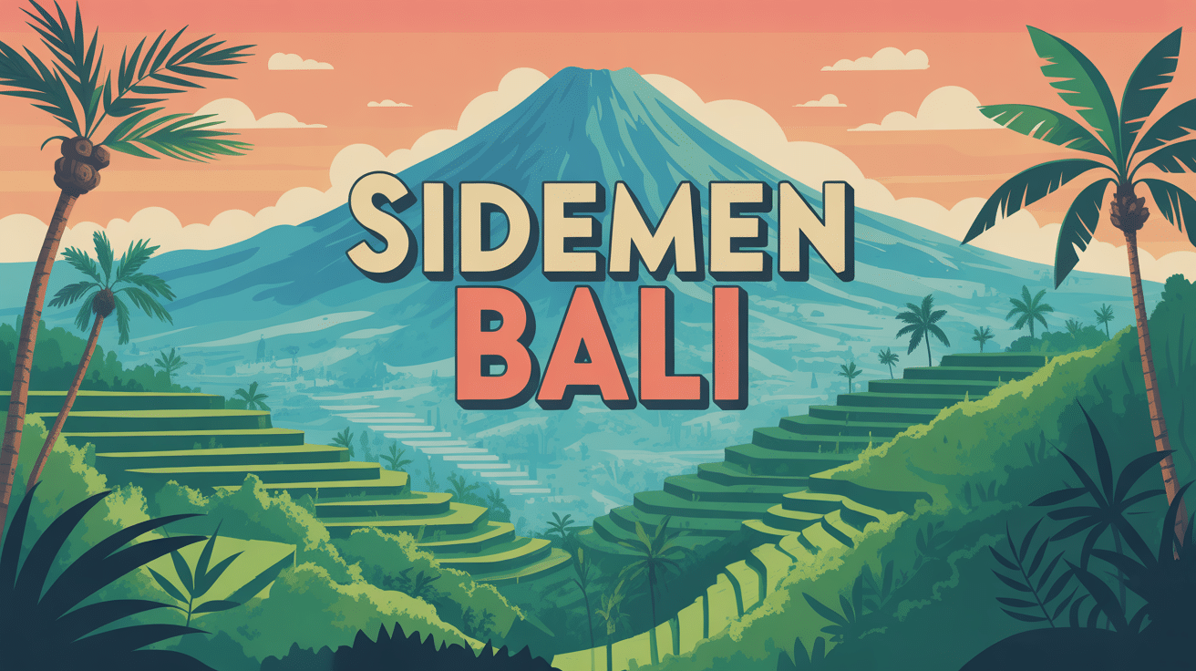 Paysage stylisé Sidemen Bali rizières et volcan