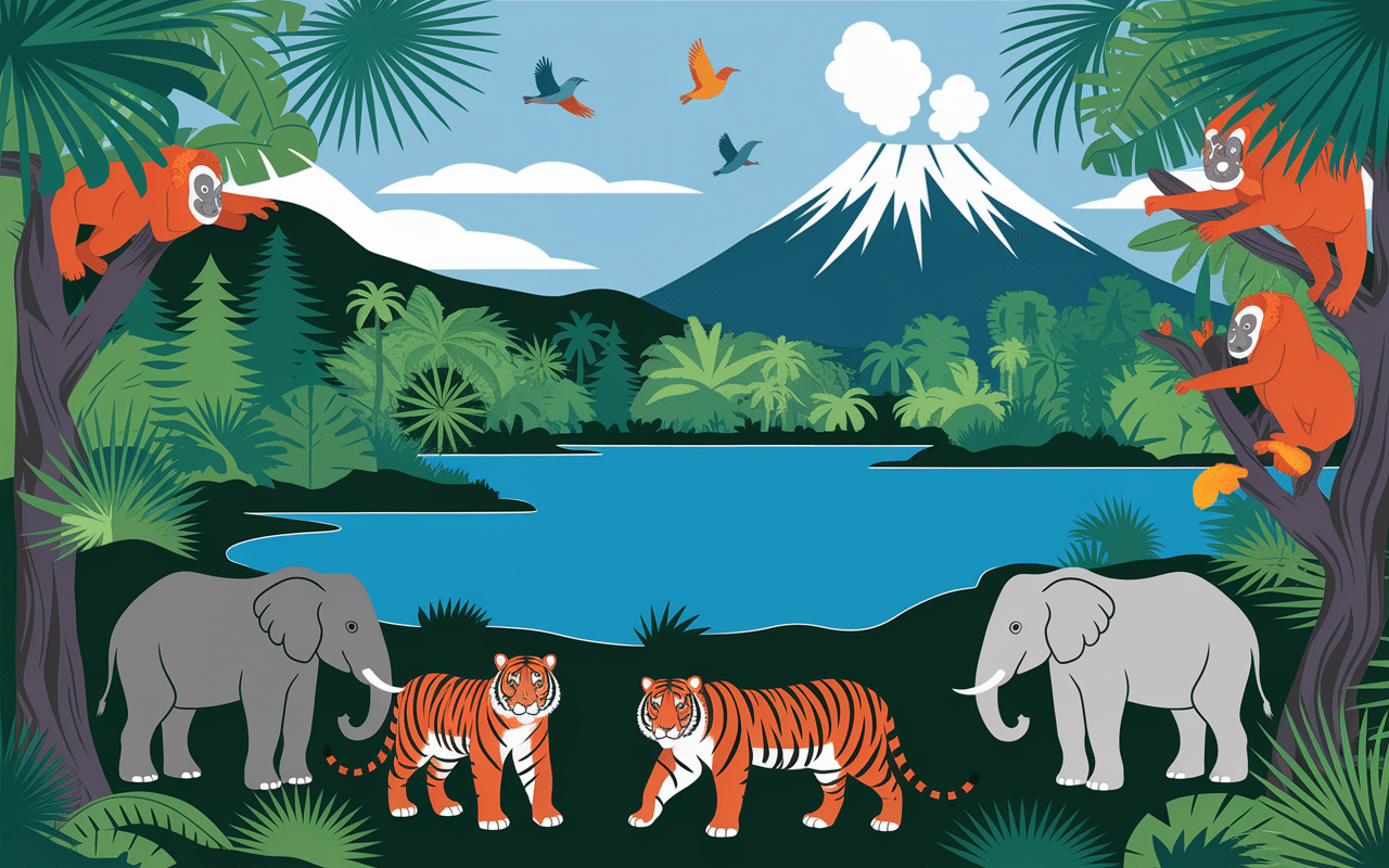 sumatra forêt orang-outan tigre éléphant volcan