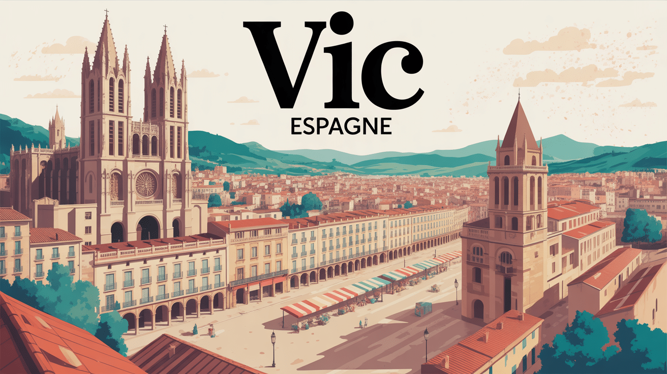 Vue panoramique Vic Espagne place centrale et cathédrale