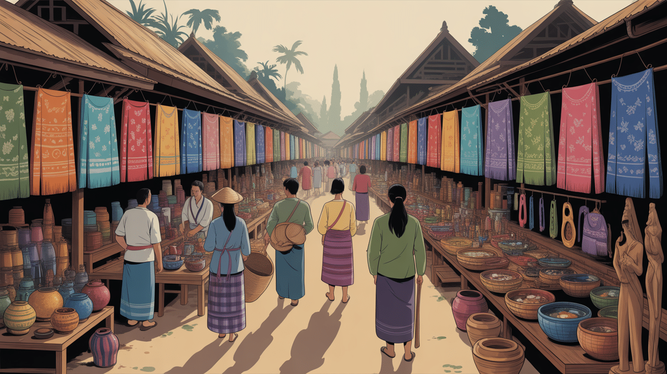 Marché traditionnel de Chiang Rai avec artisans et tissus