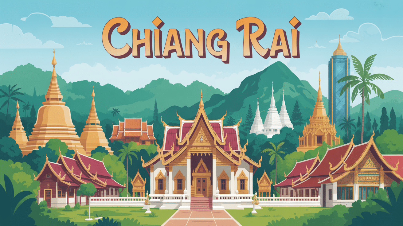 Vue panoramique de Chiang Rai avec temples et montagnes