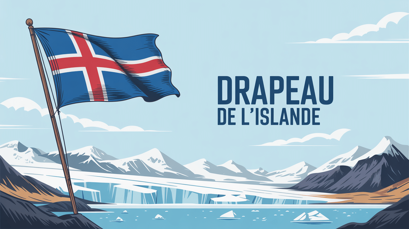 drapeau islande flottant devant volcans et glaciers