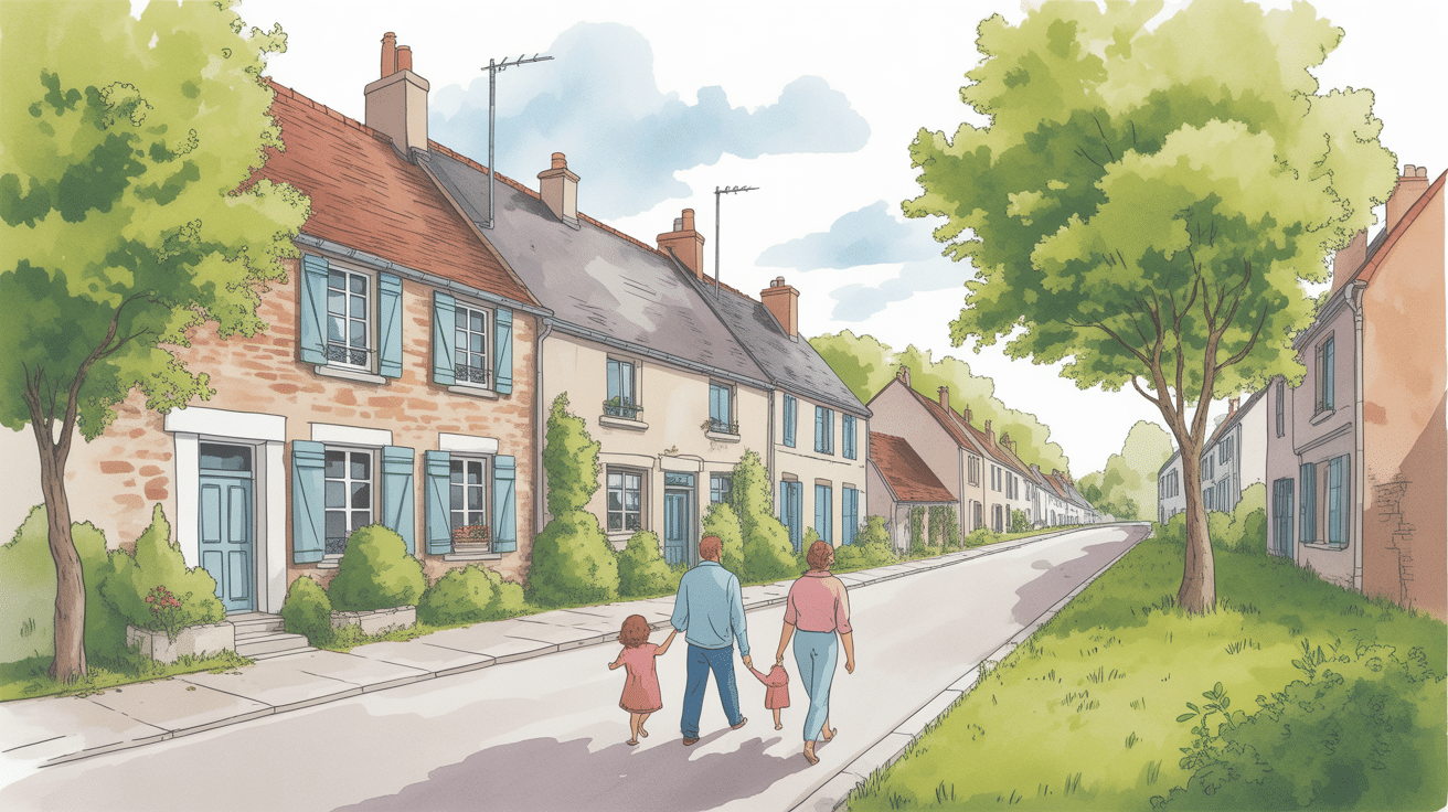 Rue du village de Heudebouville avec maisons en pierre