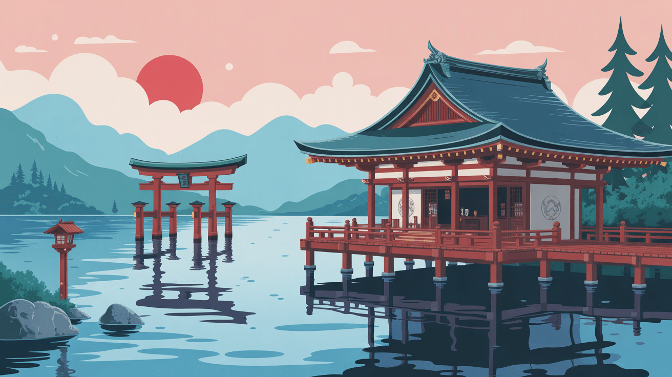 Sanctuaire et torii Miyajima avec montagne