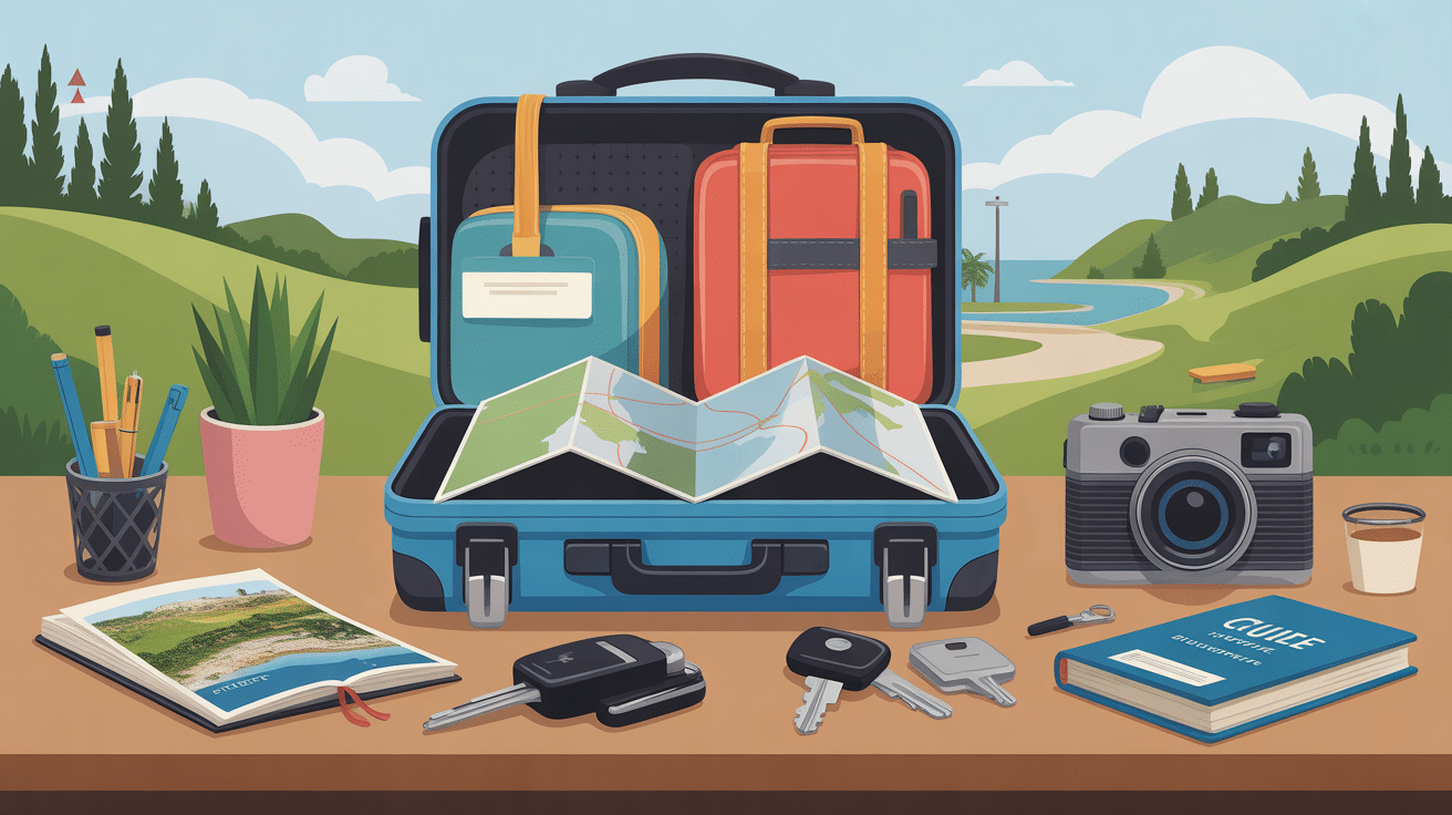 Préparation de visite plage du débarquement normandie avec valise et carte