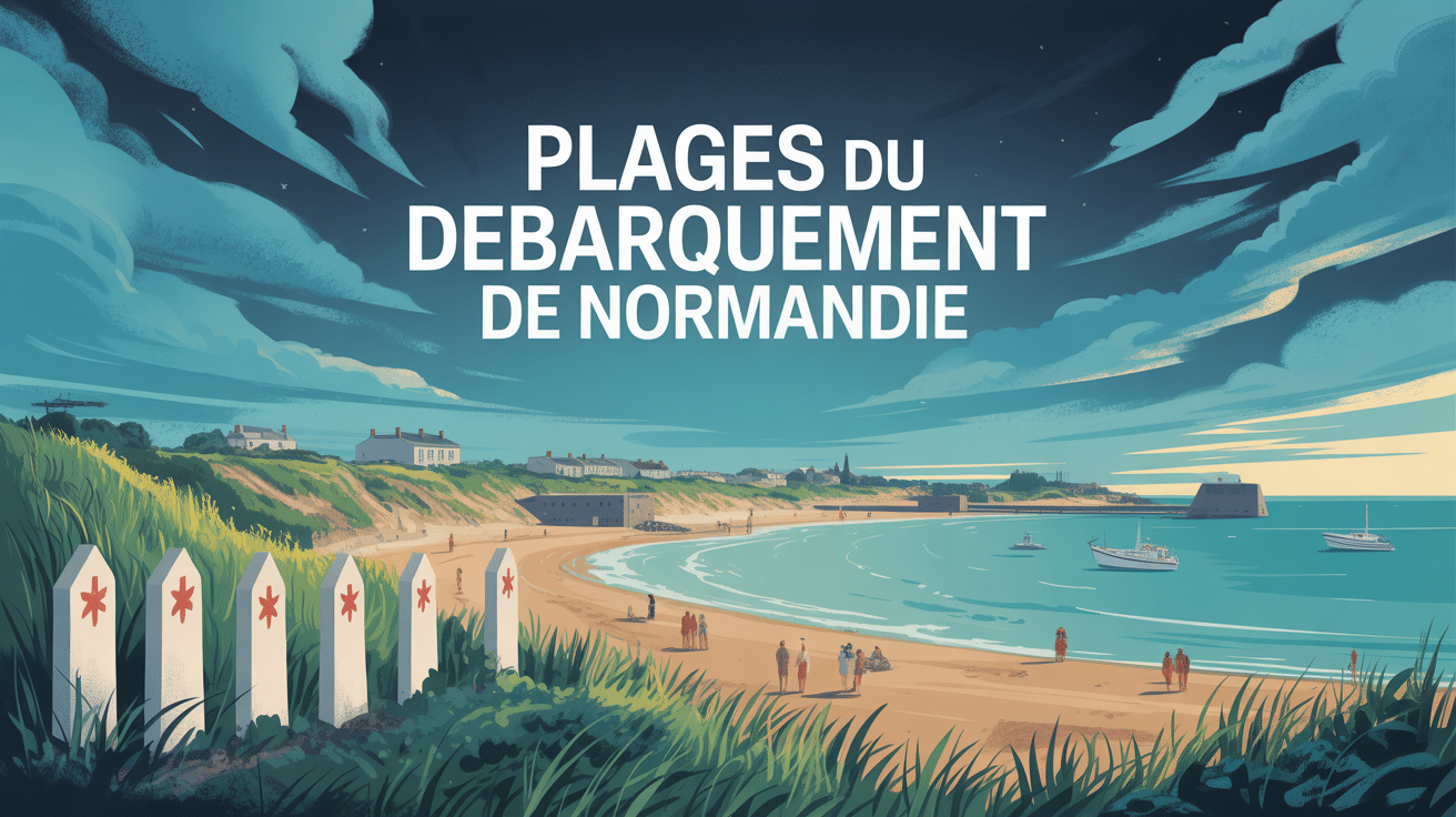 Panorama de plage du débarquement normandie avec bunkers et croix commémoratives