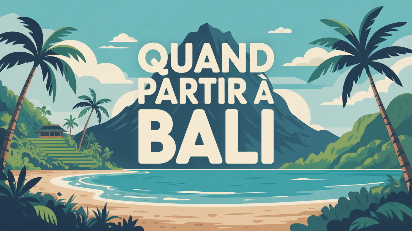 Illustration stylisée de Bali avec palmiers, plages et rizières, quand partir à Bali