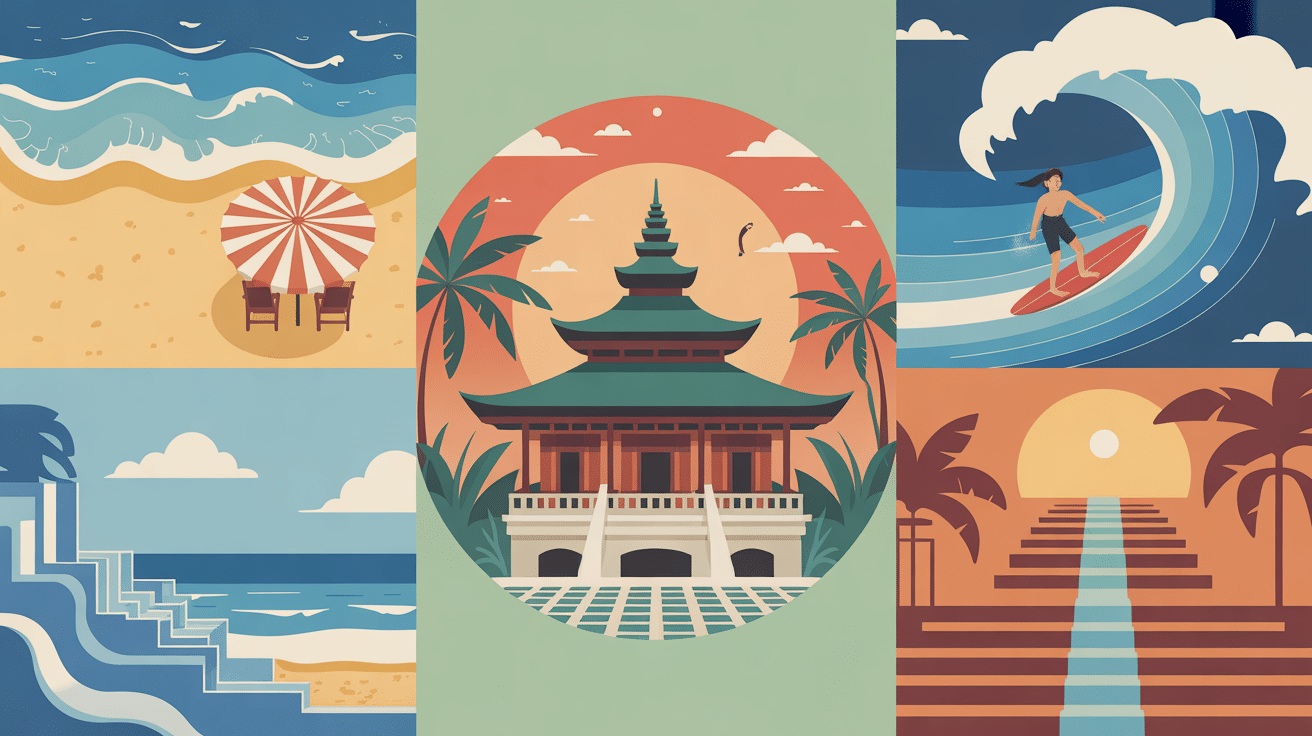 Collage plages surfeur temples rizières, quand partir à Bali