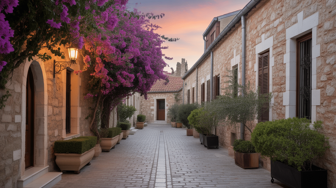 Ruelles pavées Monemvasia avec murs de pierre et fleurs
