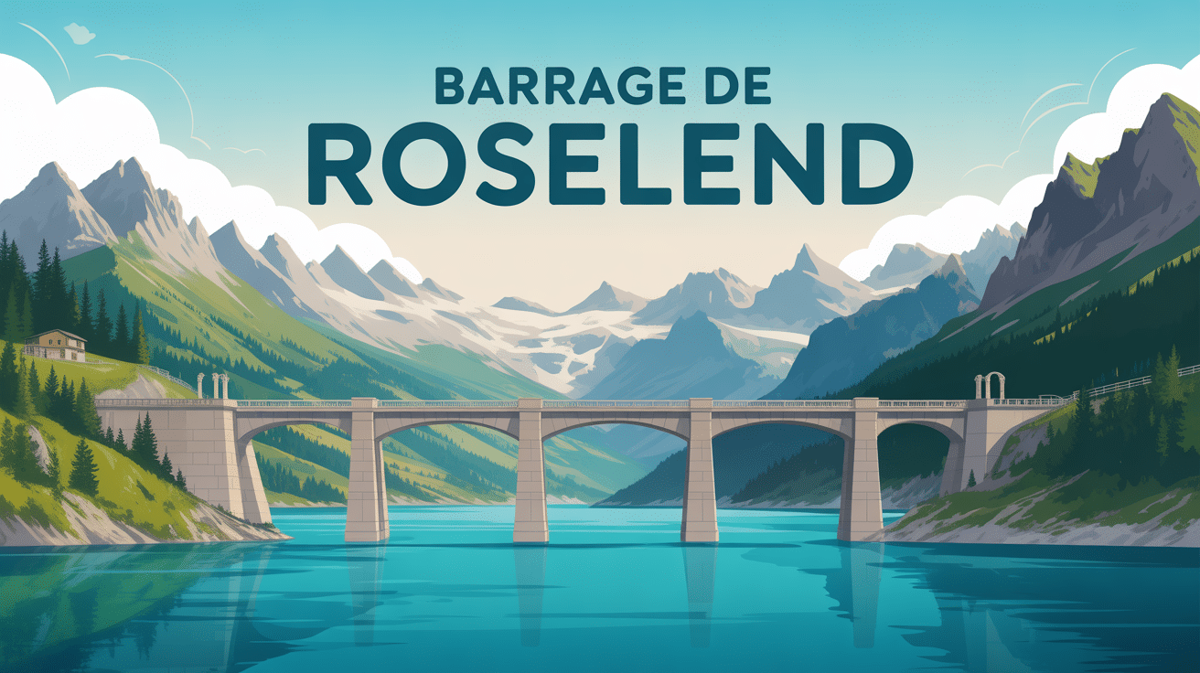 illustration du barrage de roselend avec lac turquoise et montagnes