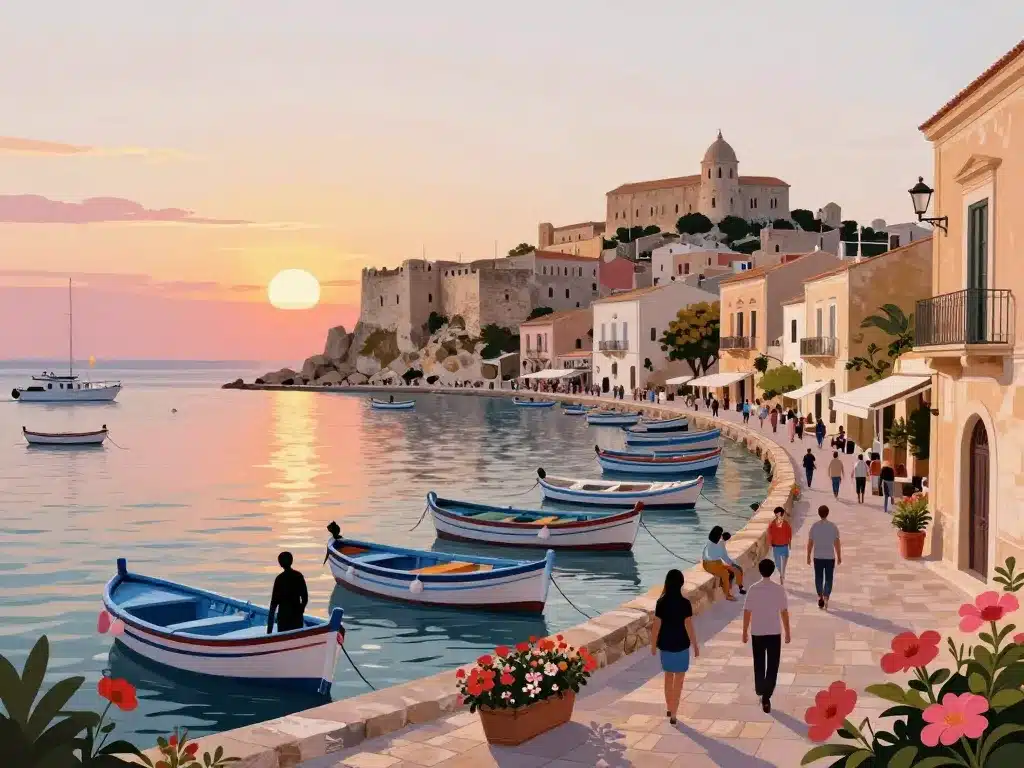 port et château de castellammare del golfo au coucher de soleil