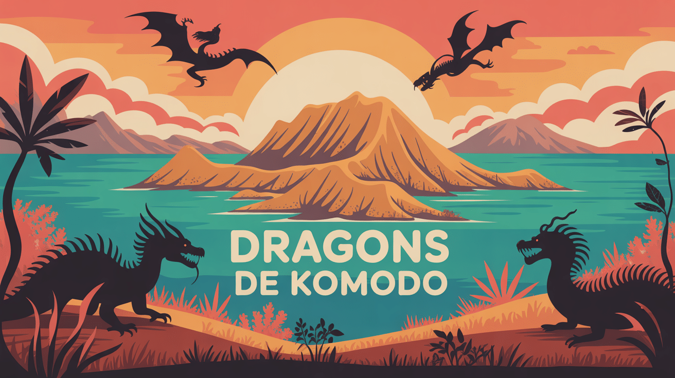 Paysage dragons Komodo island illustration stylisée