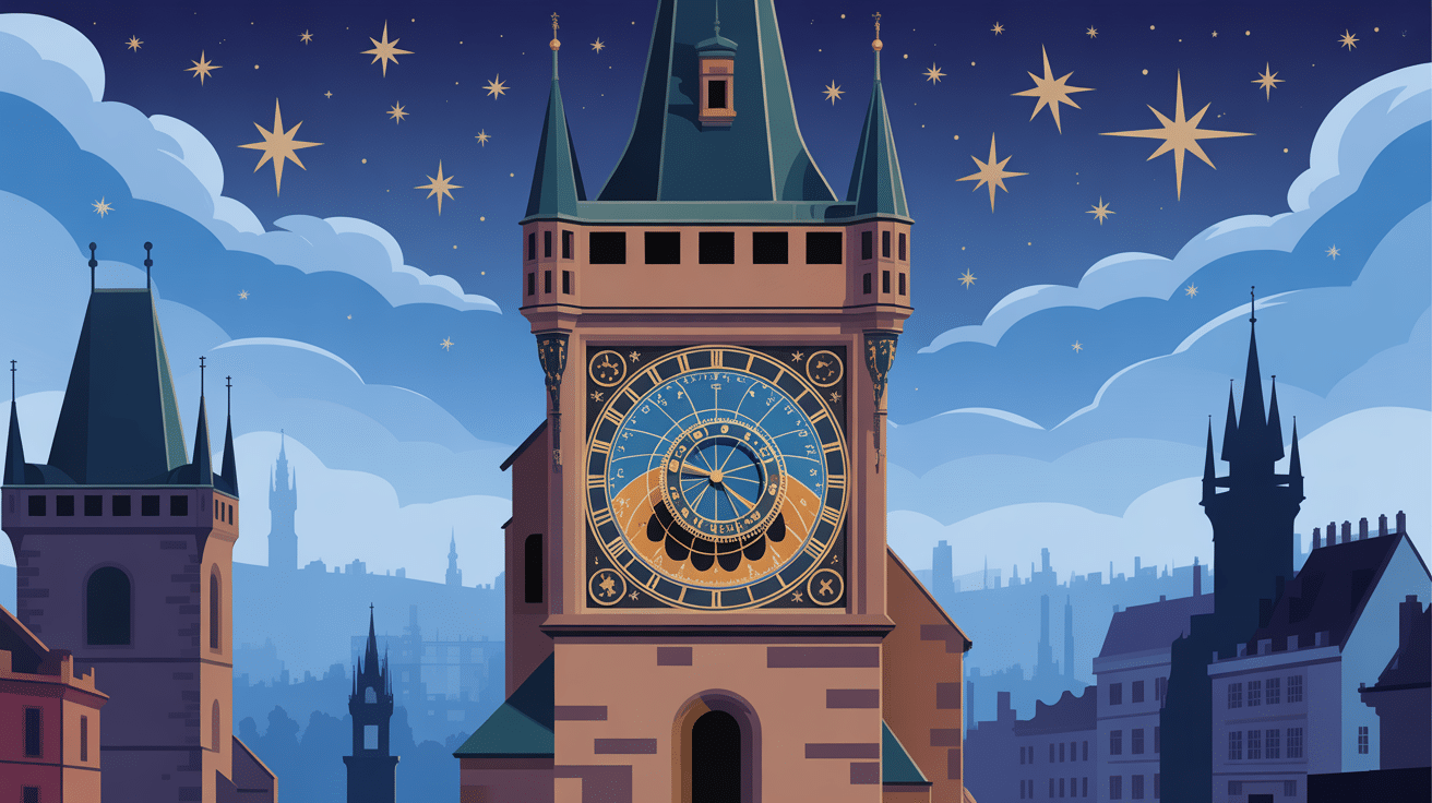 illustration horloge astronomique de prague style médiéval