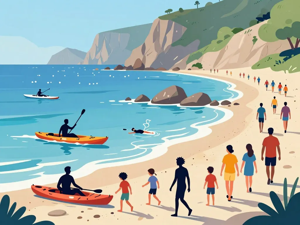 scène dynamique de la plage dorée, kayak, enfants, promenade et mer