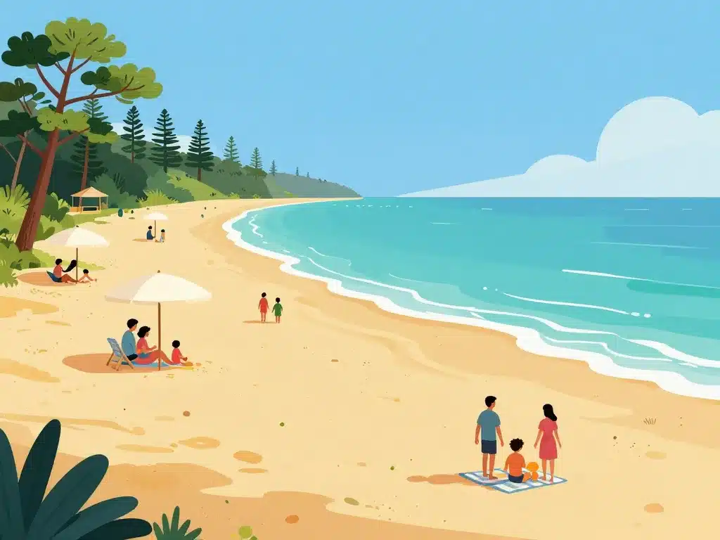 vue éditoriale SEO de la plage dorée, sable, pins et vacanciers