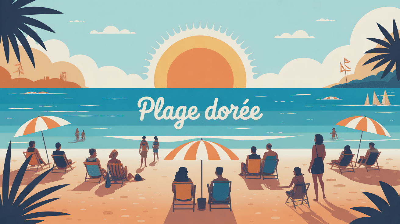 illustration colorée de la plage dorée, sable doré, mer turquoise et ambiance estivale