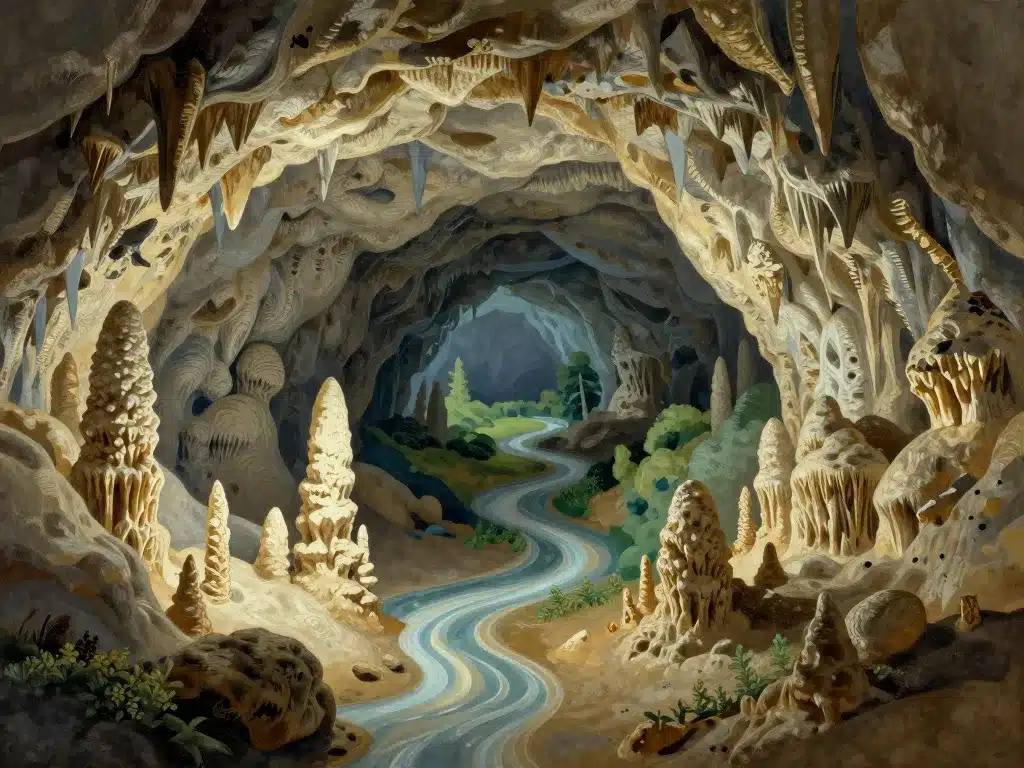 Illustration monde souterrain grotte ardeche, formation calcaire et paysages