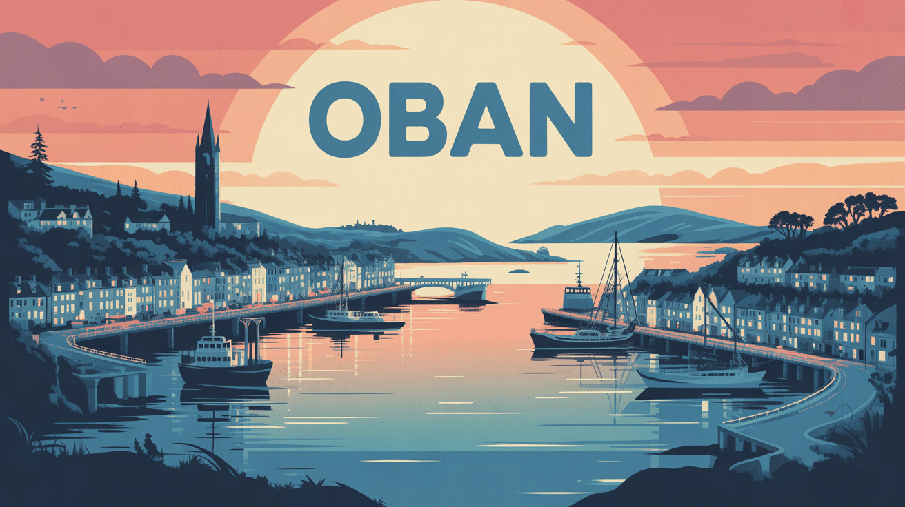 Vue panoramique Oban port ferries collines