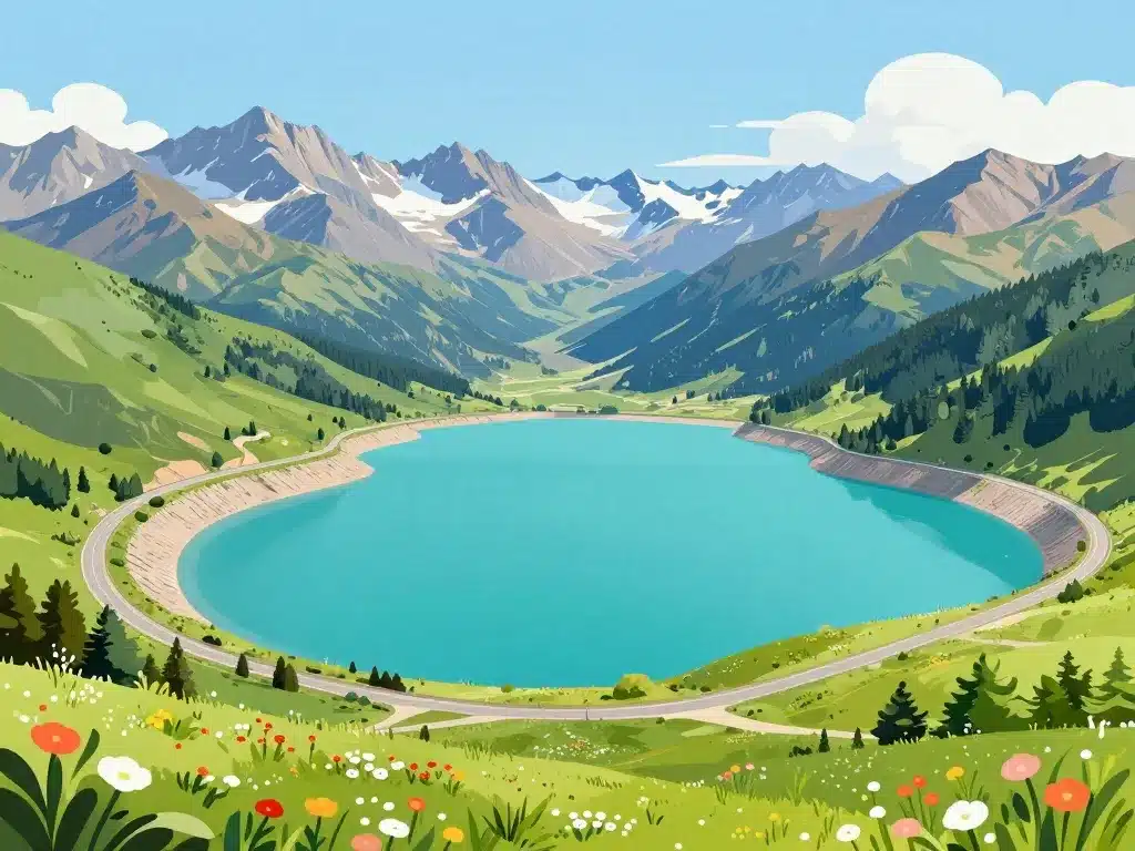 vue panoramique du barrage de roselend et massif alpin