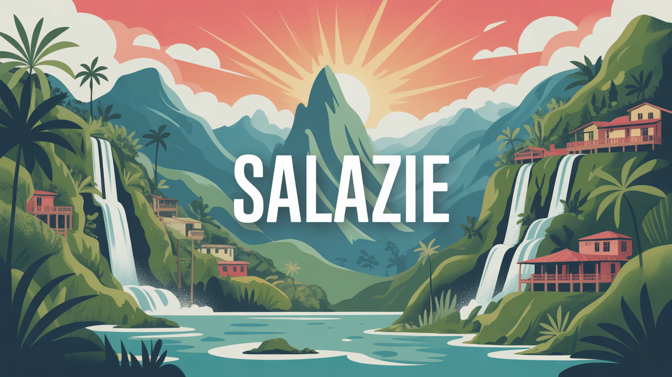 Vue stylisée du cirque de Salazie avec cascades et villages créoles