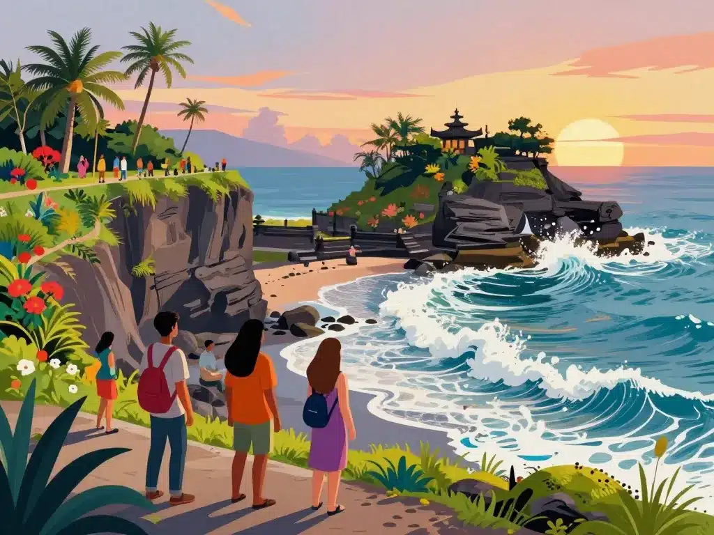 Expérience visiteur panorama Tanah Lot Indonesia temple plage