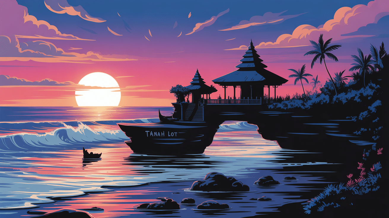 Illustration coucher de soleil temple Tanah Lot Indonesia
