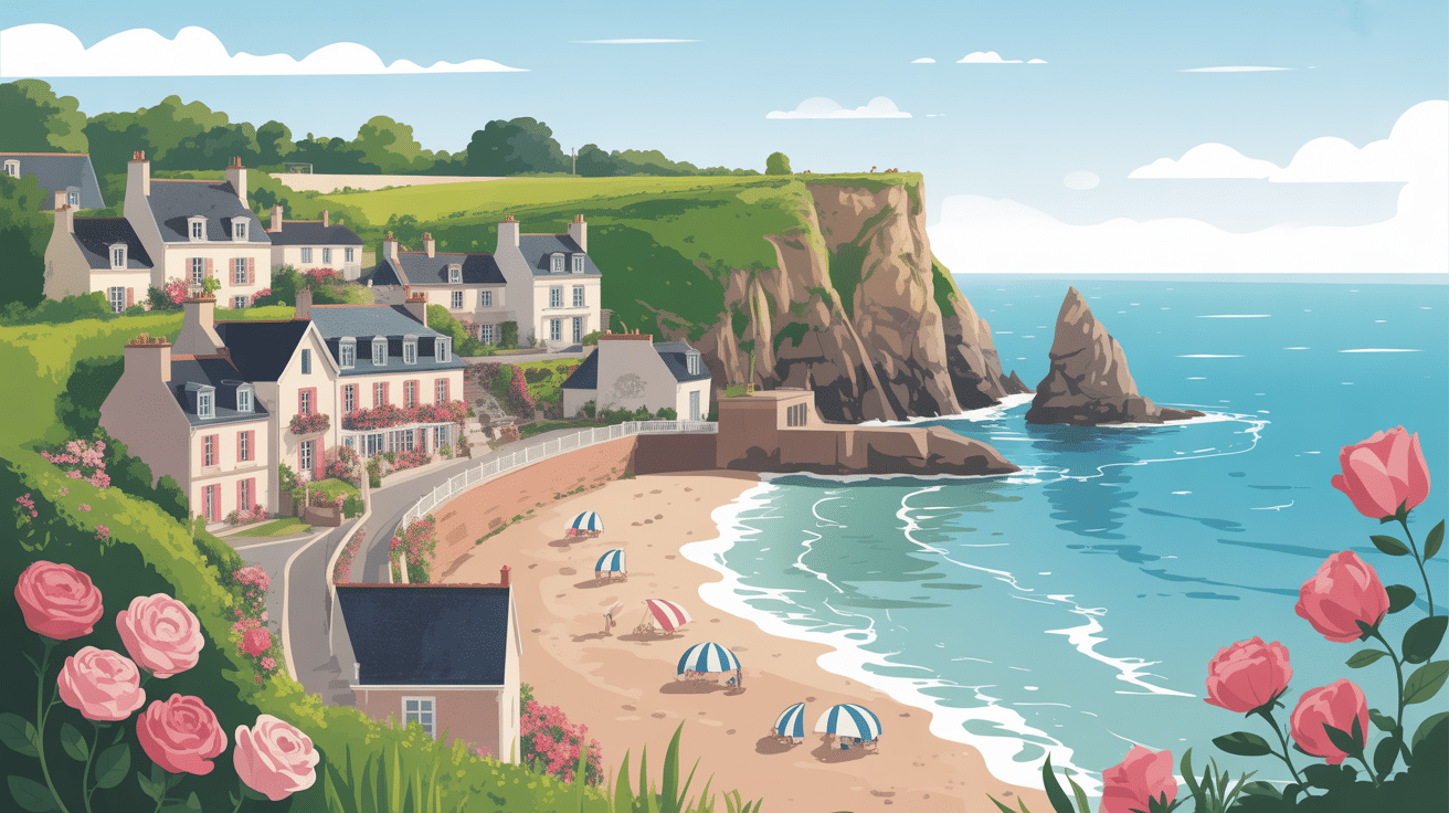 Vue panoramique veules les roses village, falaises et plage