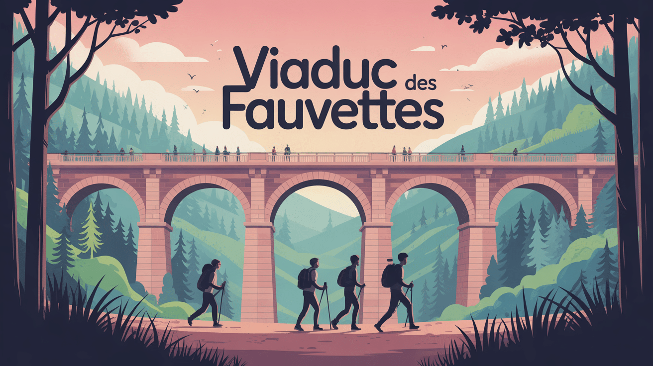 illustration du viaduc des Fauvettes avec grimpeurs et randonneurs