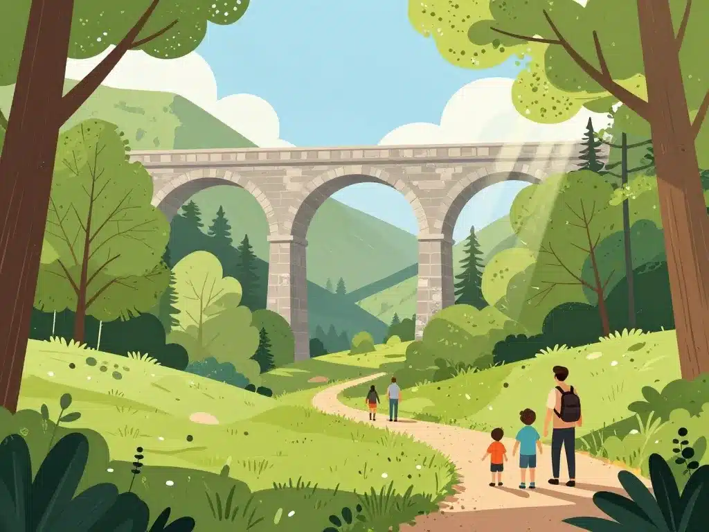 randonneurs au viaduc des Fauvettes sur sentier forestier