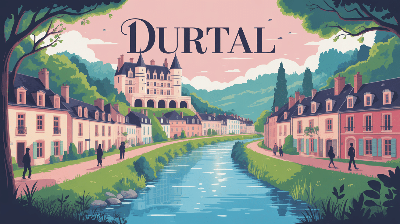 Vue vectorielle de Durtal avec château et Loir