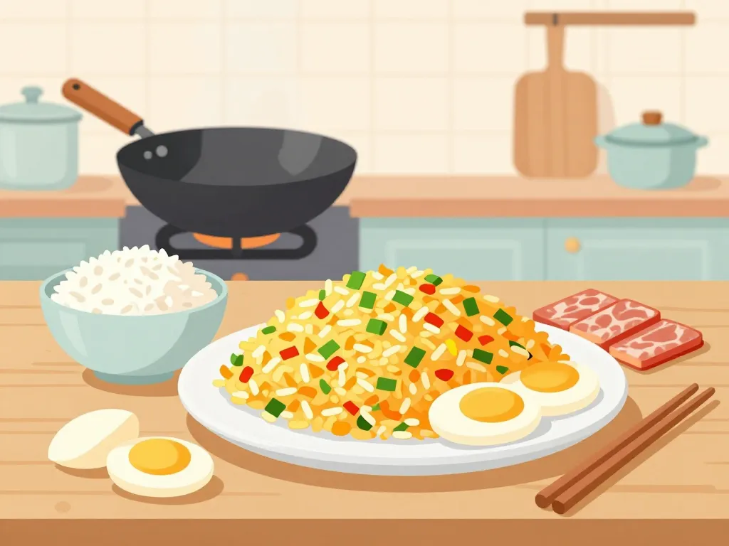 Ingrédients pour riz cantonais sur table avec wok